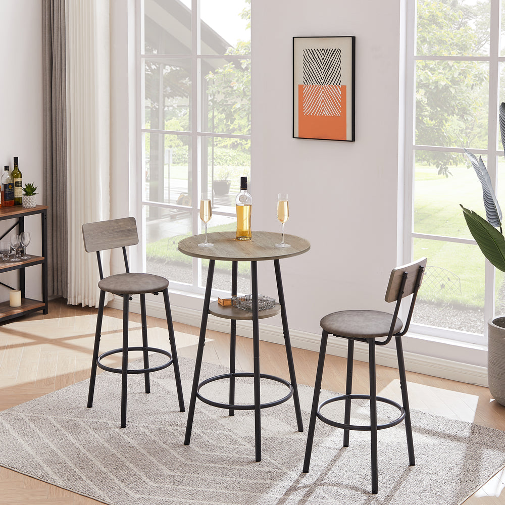 Cozy Grey Round Bar Stool Set with Backrest and Shelf