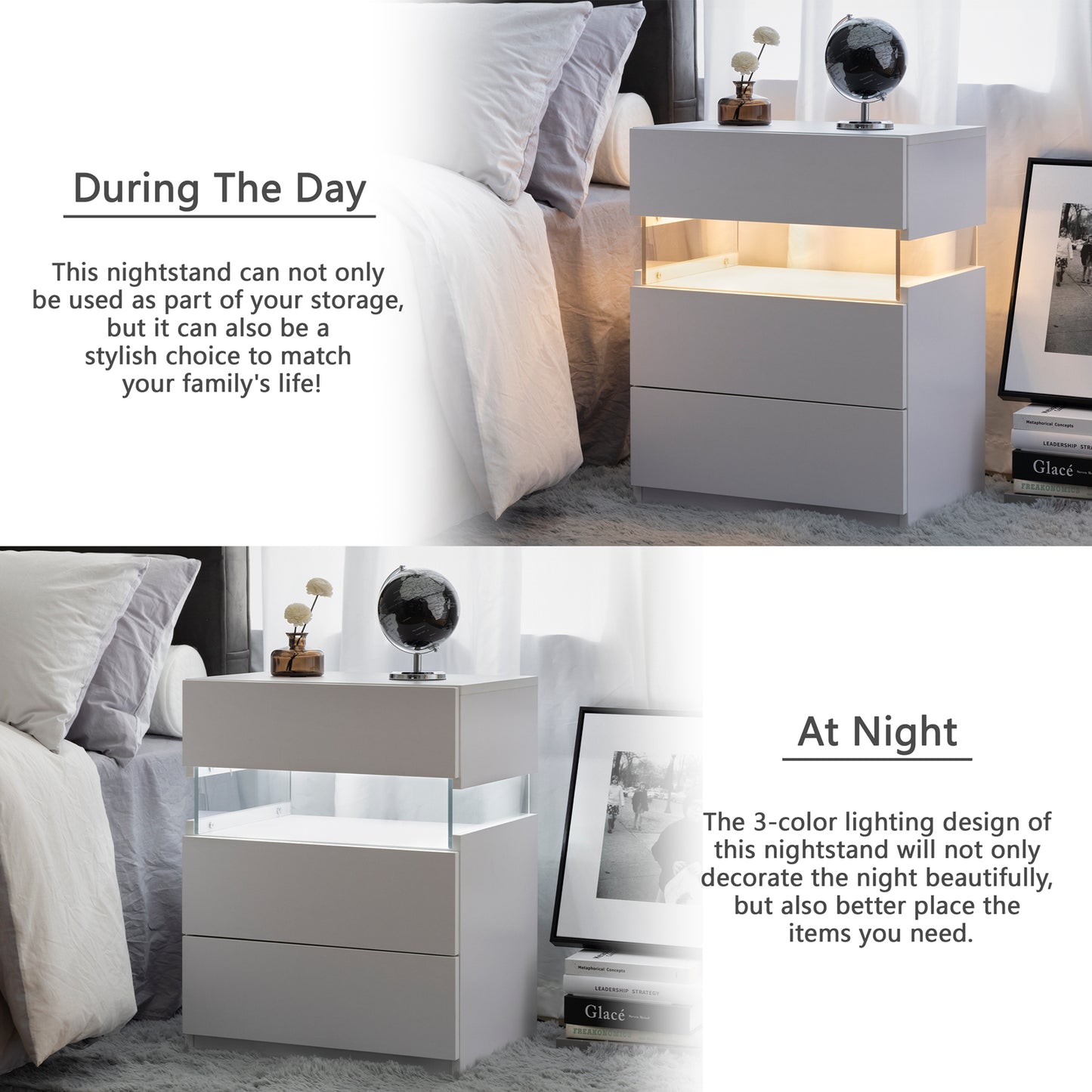 Glow Nightstand with Drawers – Modern LED Bedside Table in White