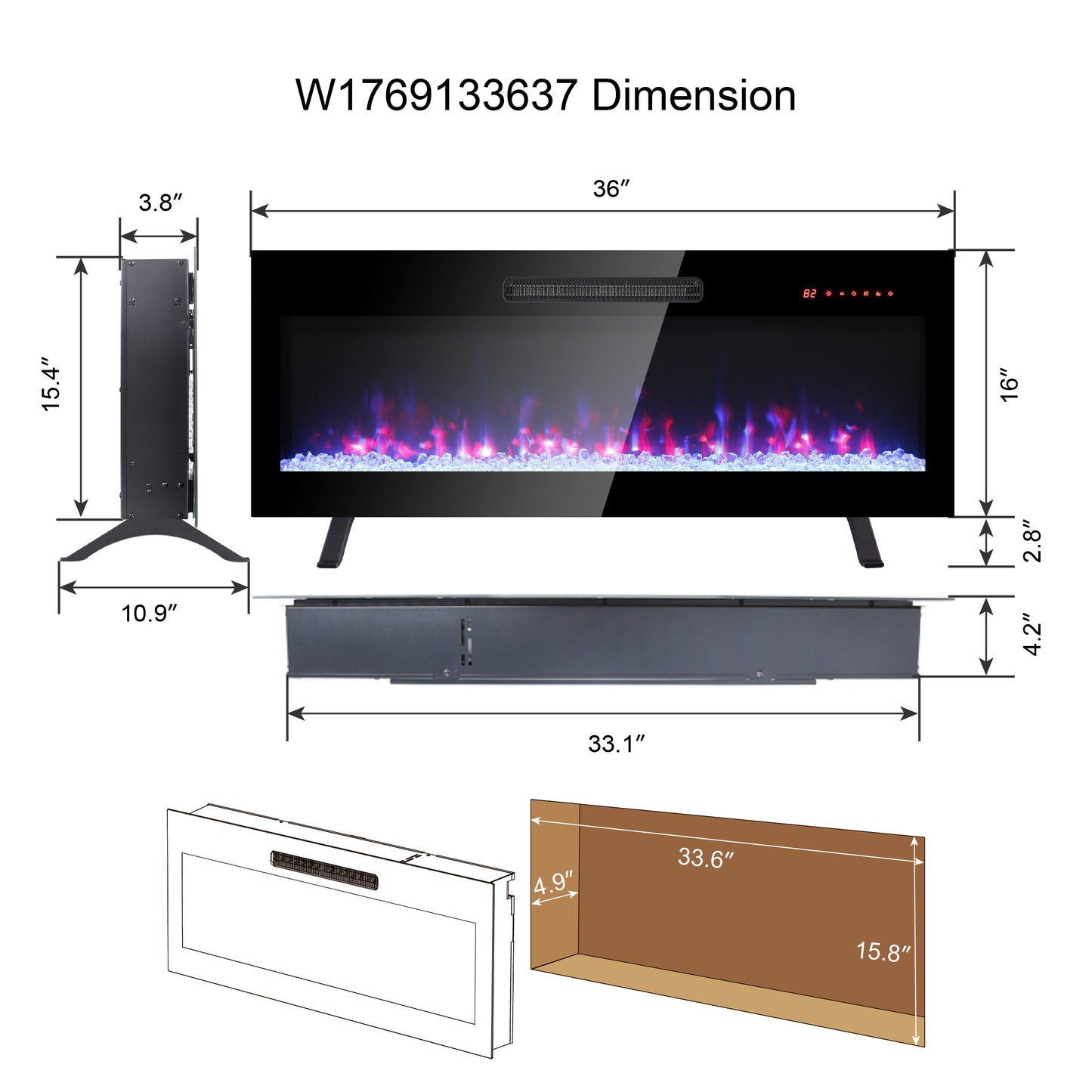 Sleek Glass Wall-Mounted Electric Fireplace with Remote & Color Flames