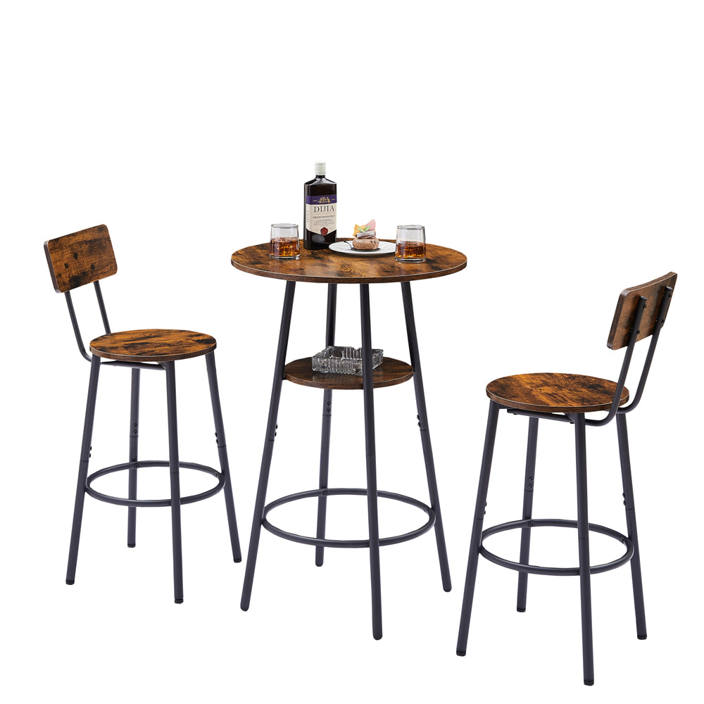 Rustic Round Bar Stool Set with Backrest and Shelves