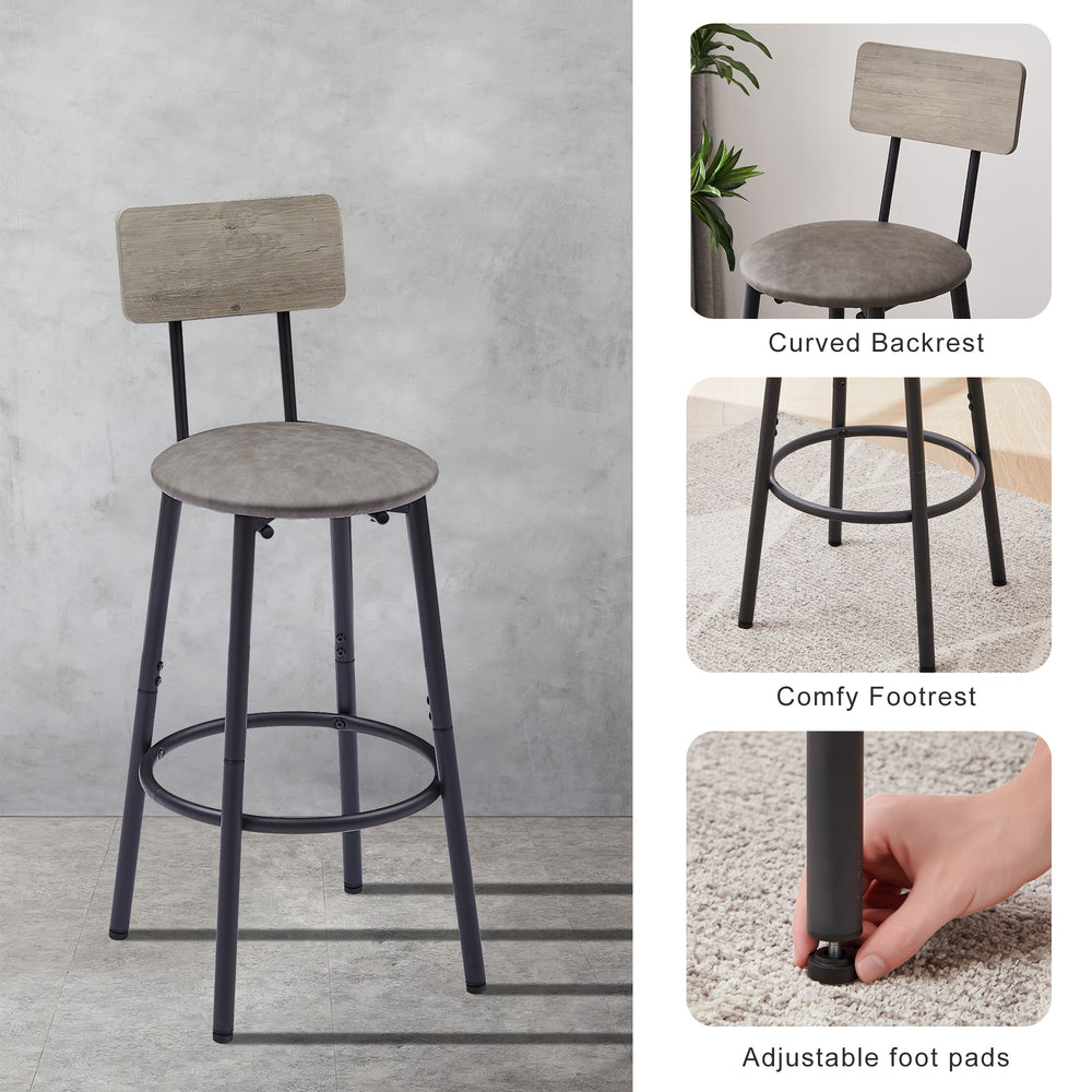 Cozy Grey Round Bar Stool Set with Backrest and Shelf