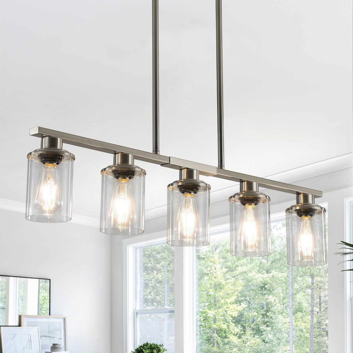 Modern Brushed Nickel Chandelier with Clear Glass Shades