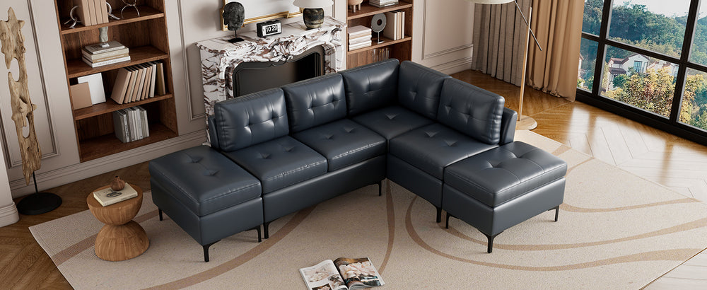 Cozy Blue L-Shaped Corner Sofa with Storage Ottomans