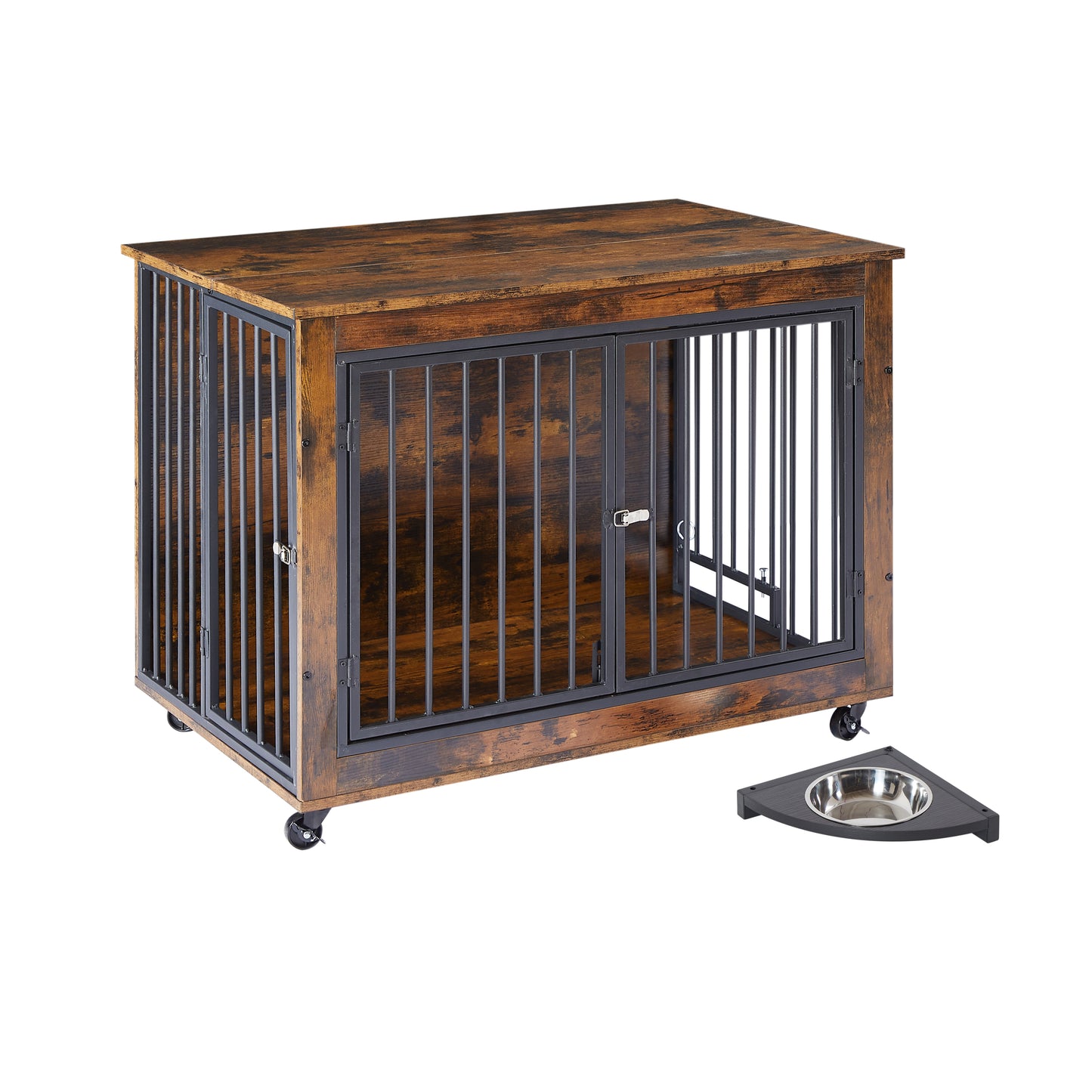 Rustic Dog Crate Side Table with Rotating Bowl and Wheels