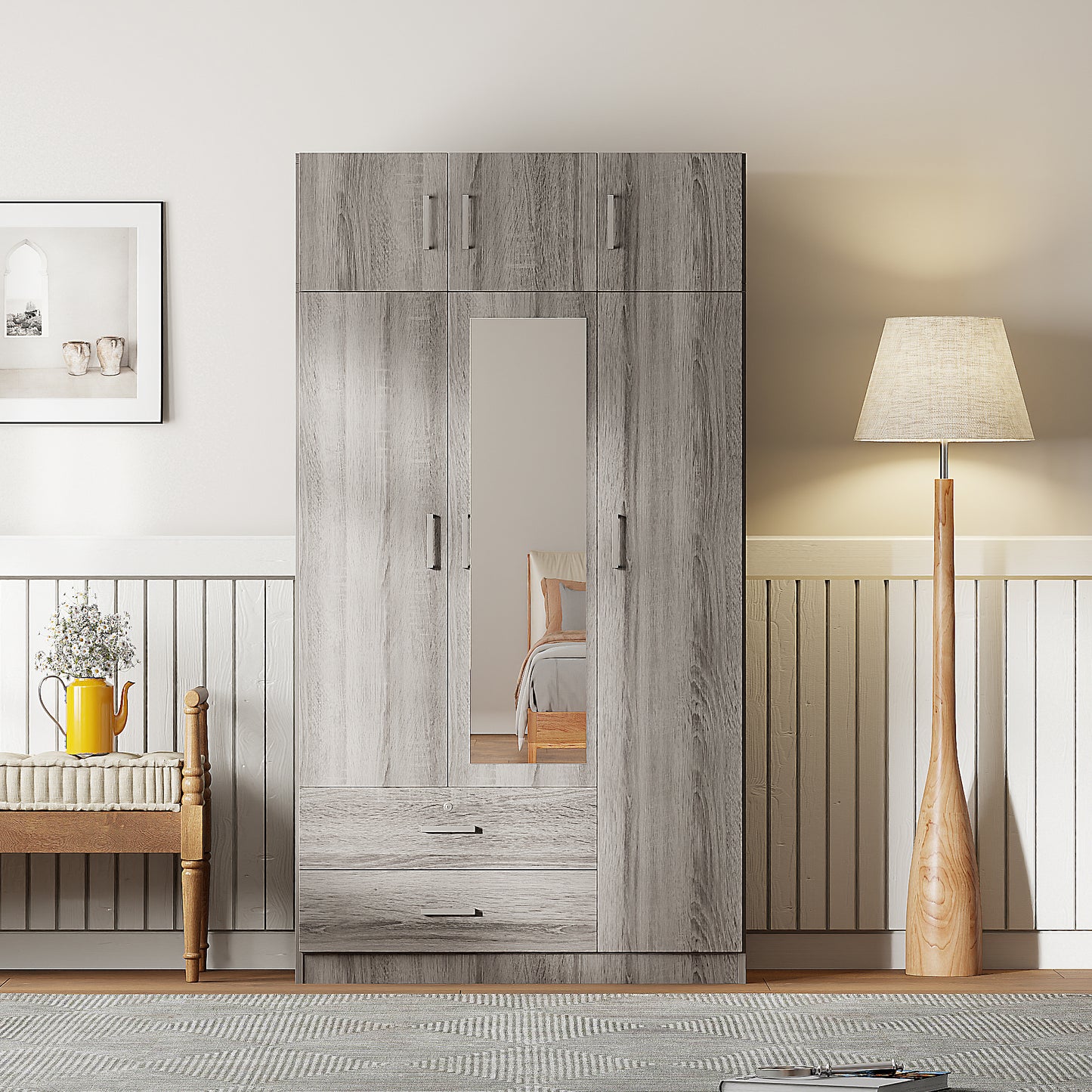 Stylish Gray 3-Door Wardrobe with Drawers and Cabinet