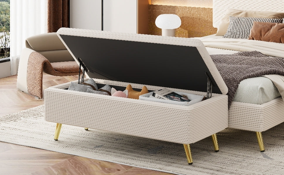 Chic Storage Ottoman with Metal Legs - Beige Corduroy Comfort