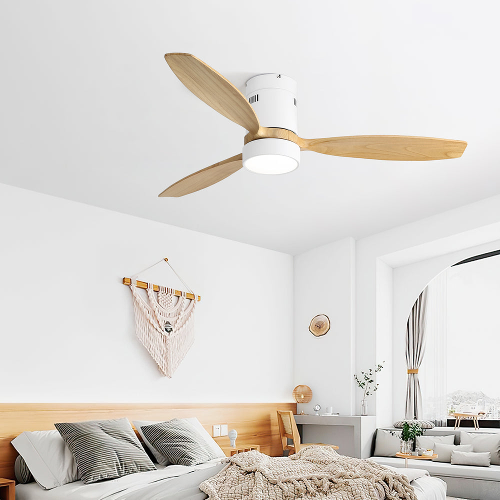 WhisperWind Flush Mount Ceiling Fan with Wood Blades and Remote Light