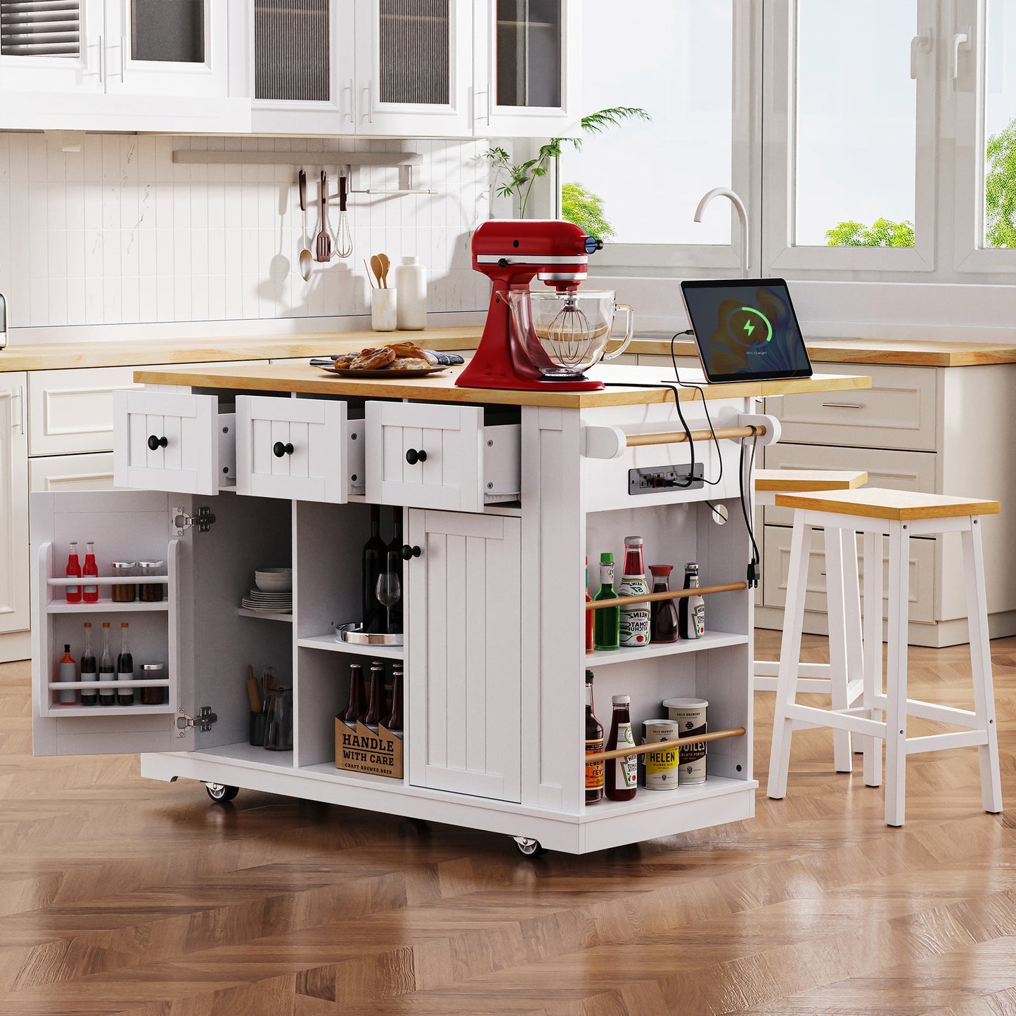 Versatile Kitchen Island on Wheels with Drop Leaf and Power Outlet