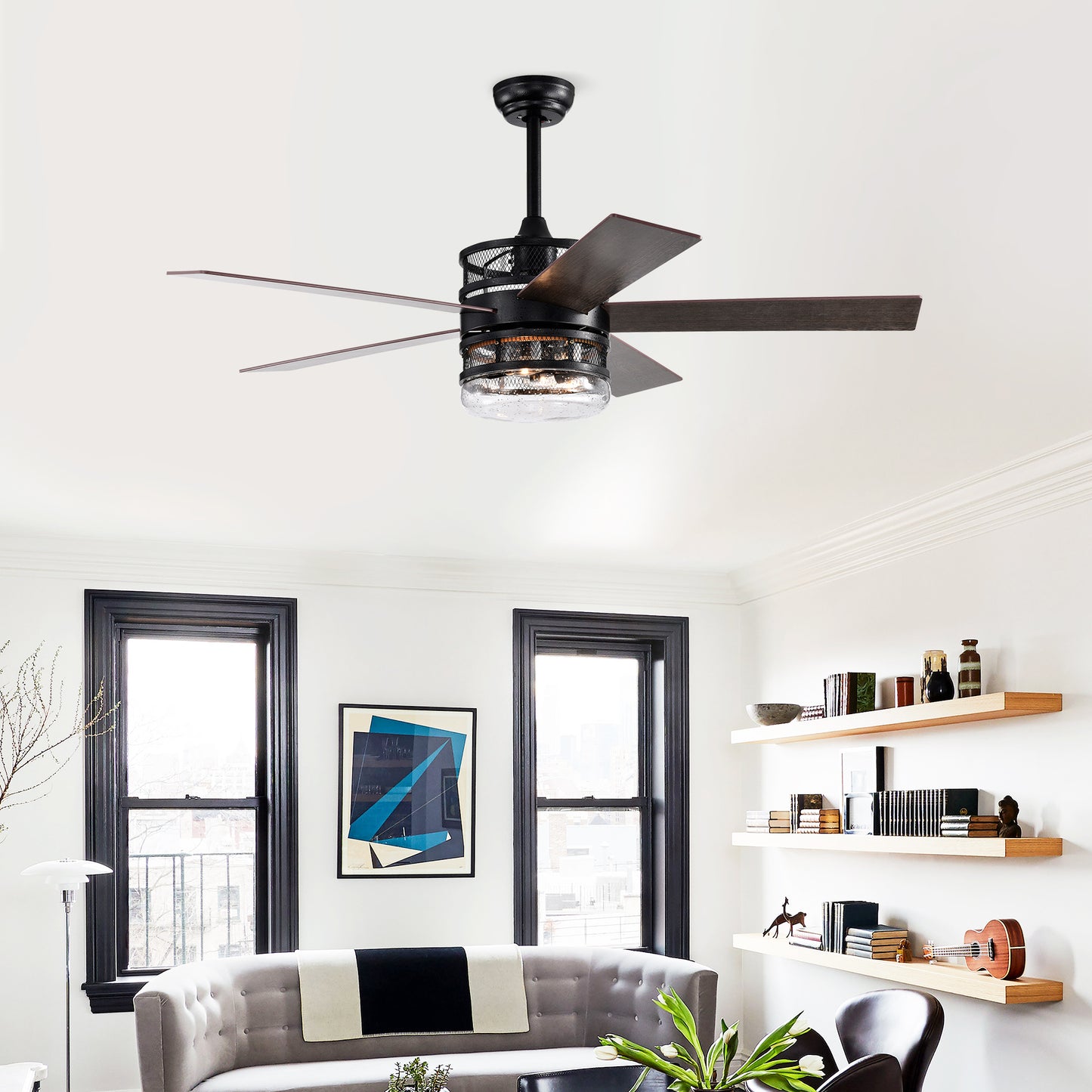 Sleek Matte Black Ceiling Fan with Remote and Optional Glass Shade