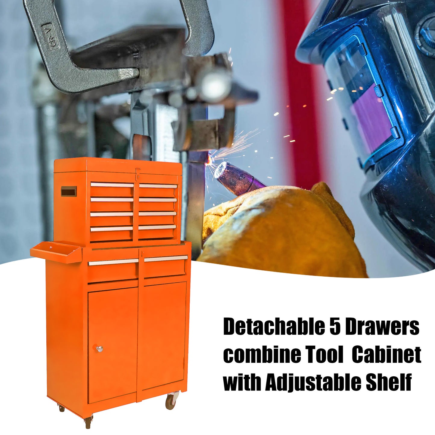 Orange Tool Chest with Detachable Drawers and Adjustable Shelf