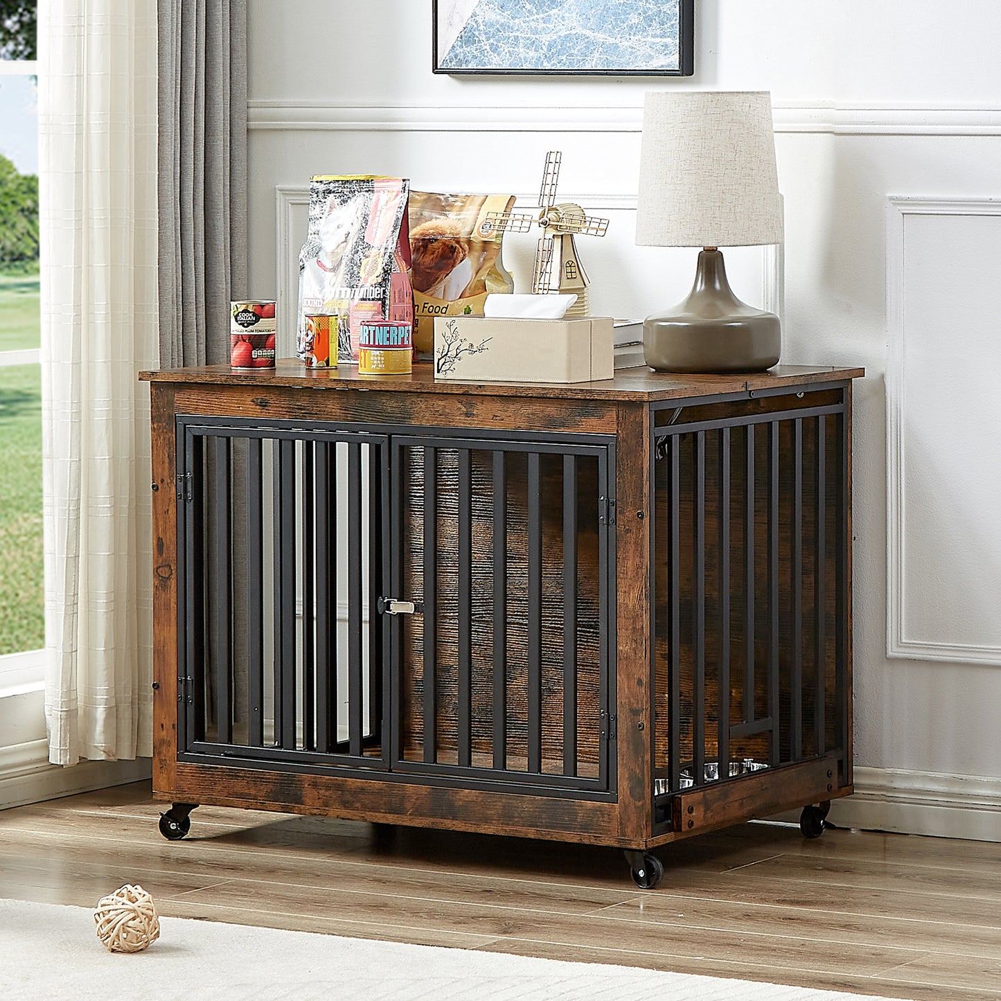 Rustic Dog Crate Side Table with Wheels and Feeding Bowl