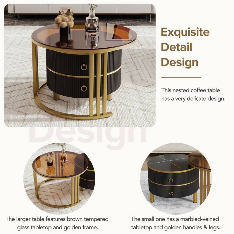 Chic Nesting Coffee Tables with Drawers - Sleek Round Design in Black and Brown Glass