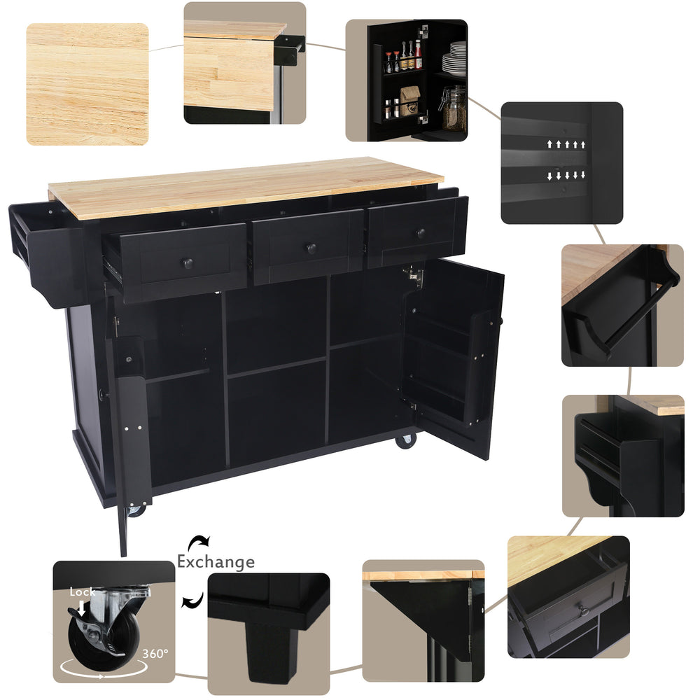 Versatile Black Kitchen Cart with Drop-Leaf Top and Storage Wheels