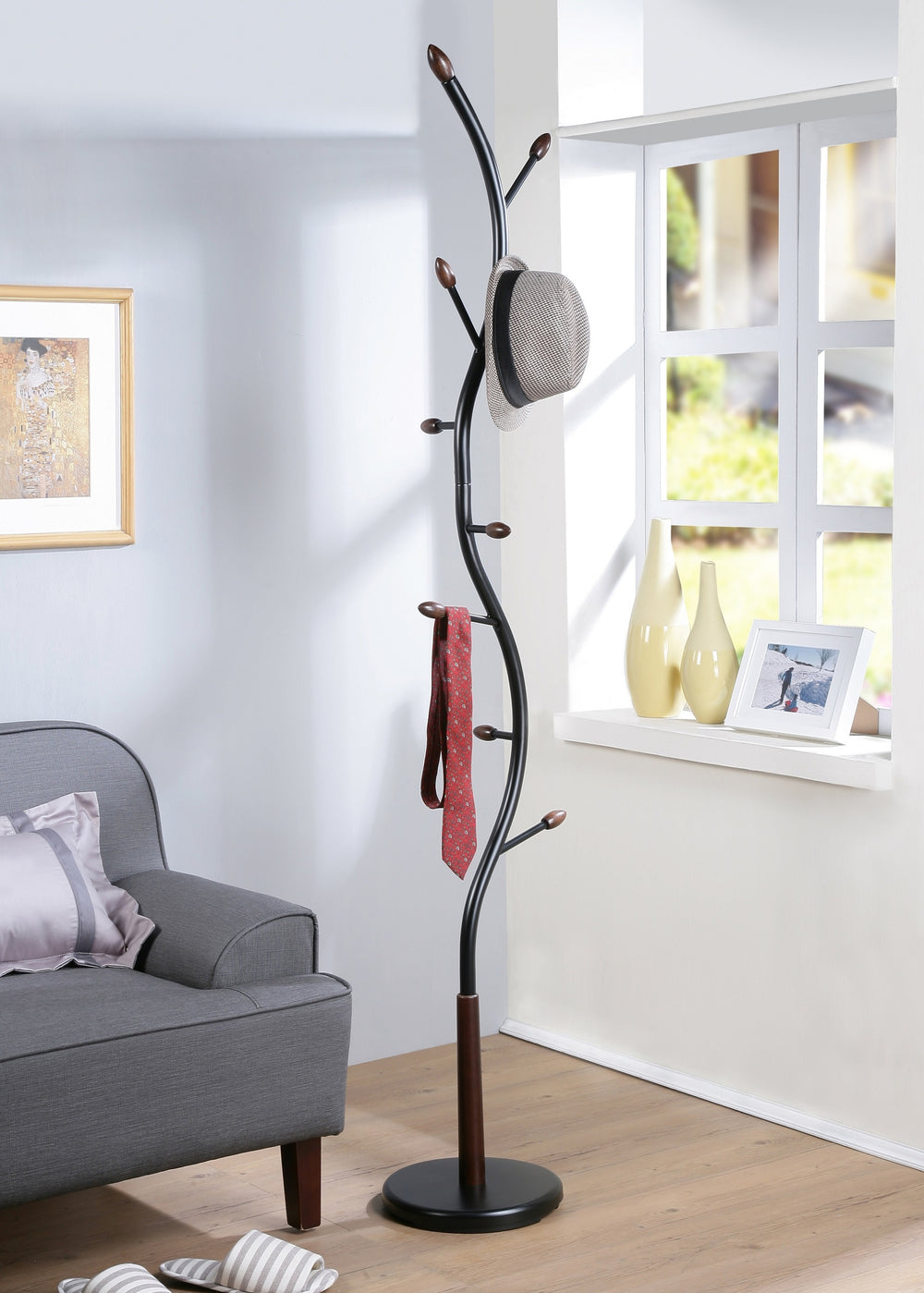 Sleek Black & Walnut Coat Stand