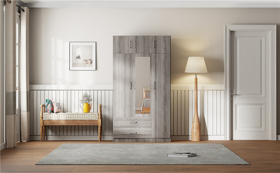 Stylish Gray 3-Door Wardrobe with Drawers and Cabinet