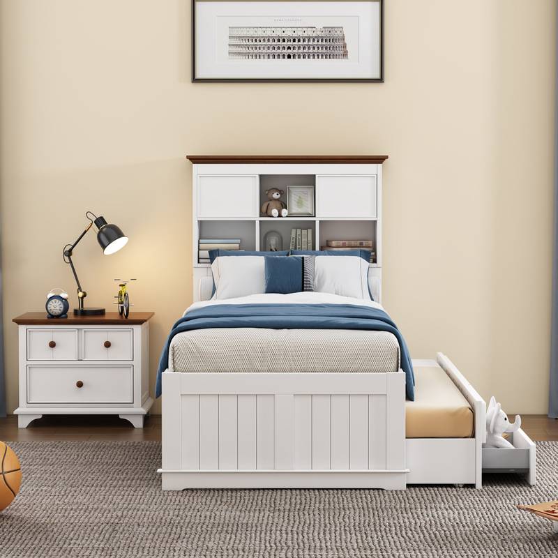 Charming Captain's Bedroom Set with Trundle and Nightstand in White and Walnut