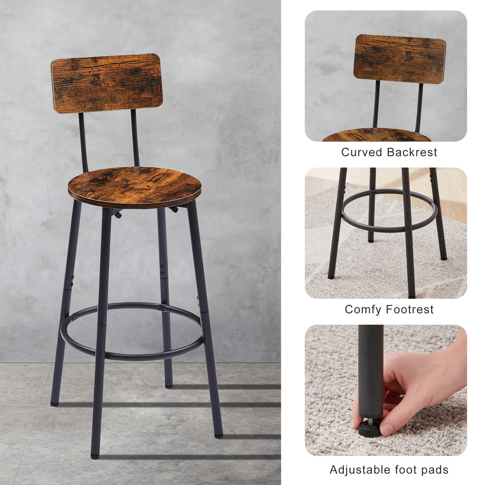 Rustic Round Bar Stool Set with Backrest and Shelves