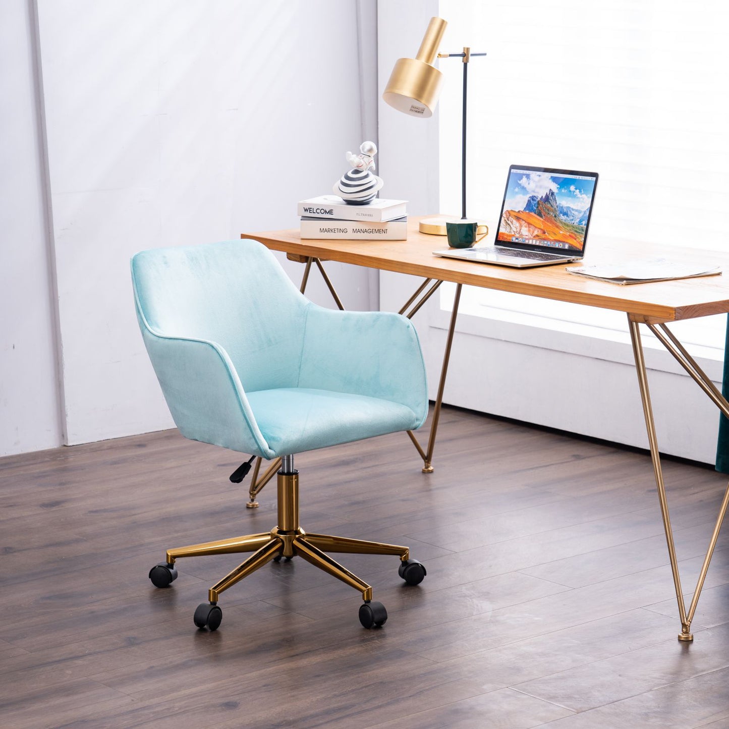 Chic Aqua Velvet Adjustable Office Chair with Gold Legs