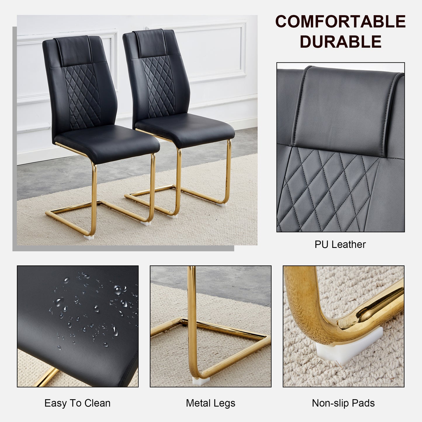 Chic Faux Leather Dining Chairs - Set of 4 with Gold Legs