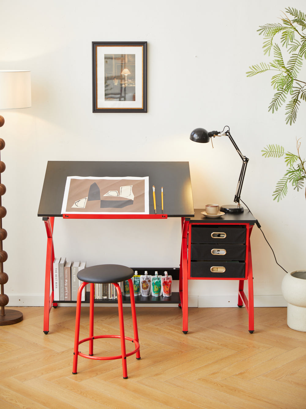 Chic Red Drafting Table Set with Stool