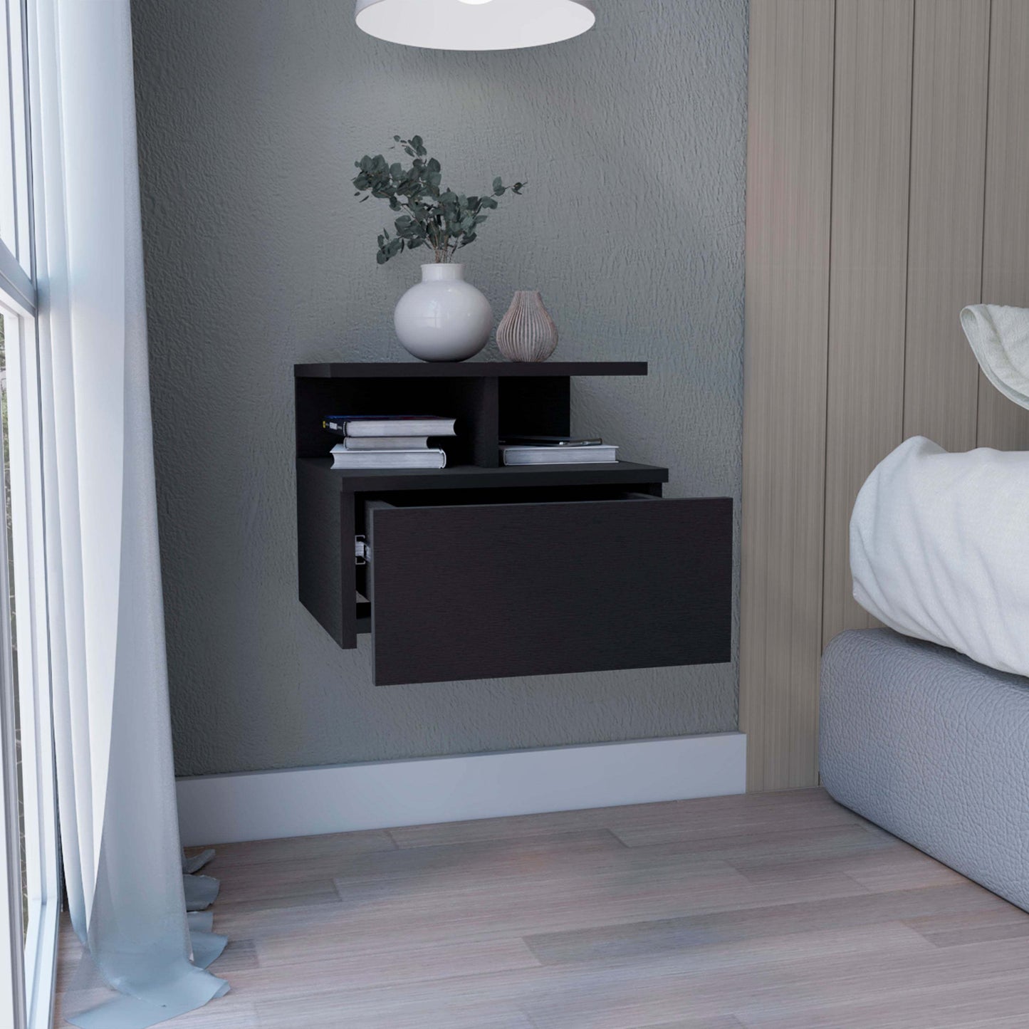 Sleek Floating Nightstand with Drawer & Shelf - Black