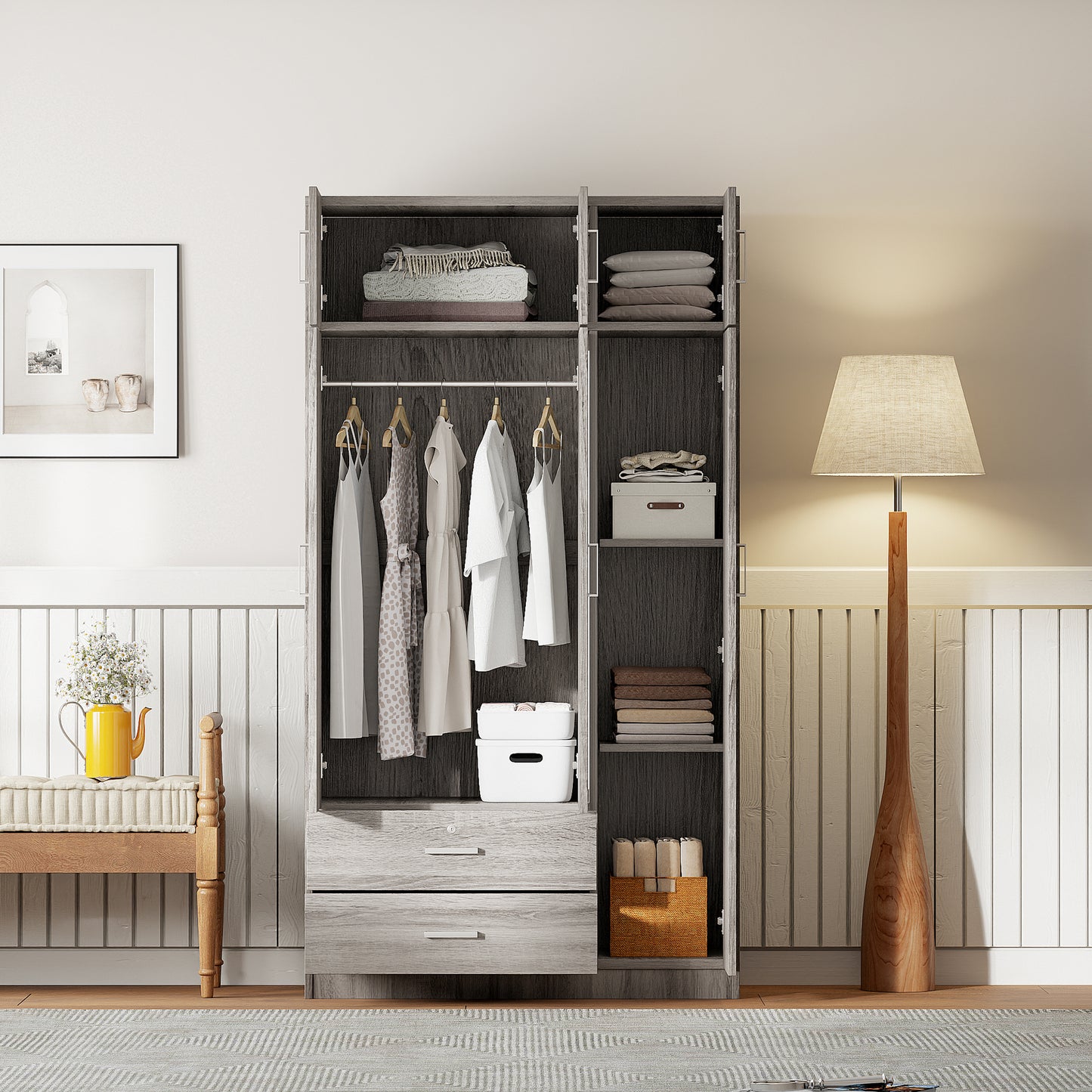 Stylish Gray 3-Door Wardrobe with Drawers and Cabinet