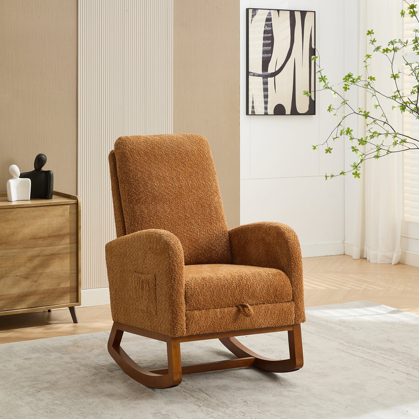 Cozy Glider Rocking Chair with Footrest & Side Pocket - Caramel