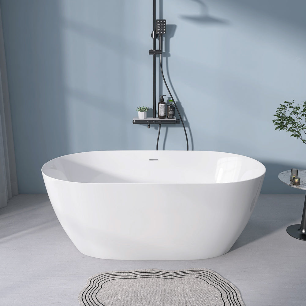 Sleek White Freestanding Soaking Tub with Pop-Up Drain