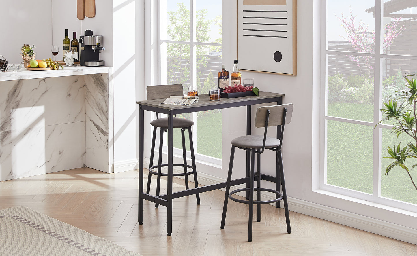 Chic Grey Bar Table Set with Cozy Stools