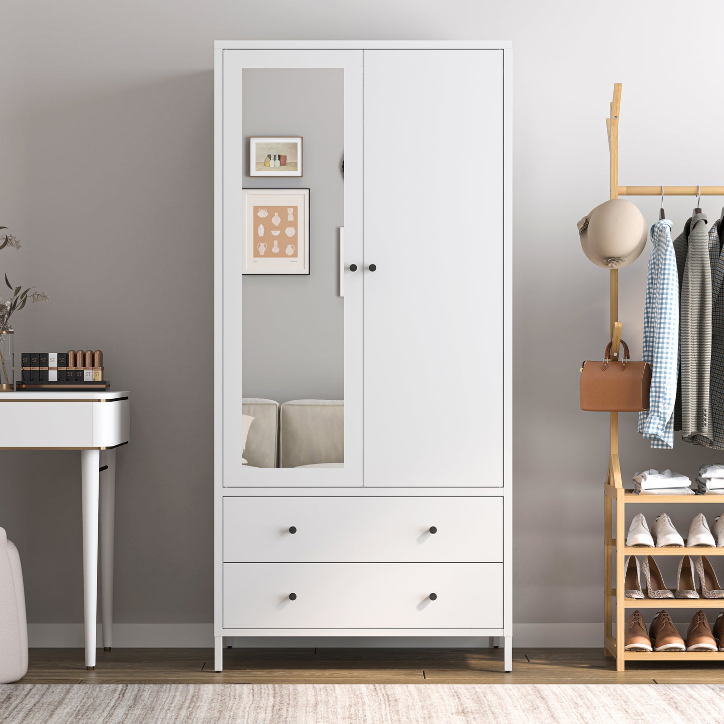 Chic White Metal Wardrobe with Mirror and Drawers