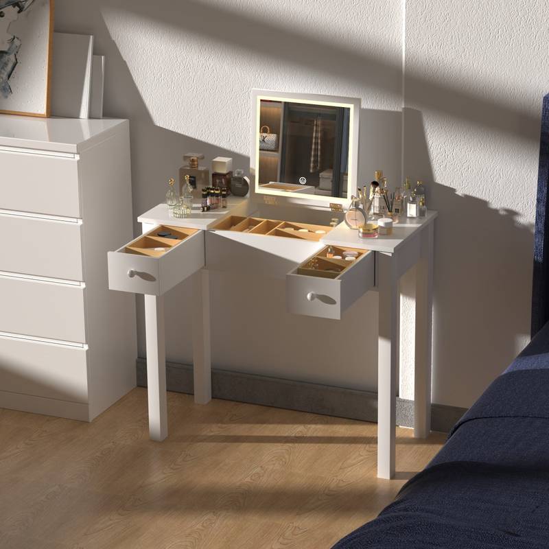 Glamorous Glow Vanity with Flip Mirror & Jewelry Storage