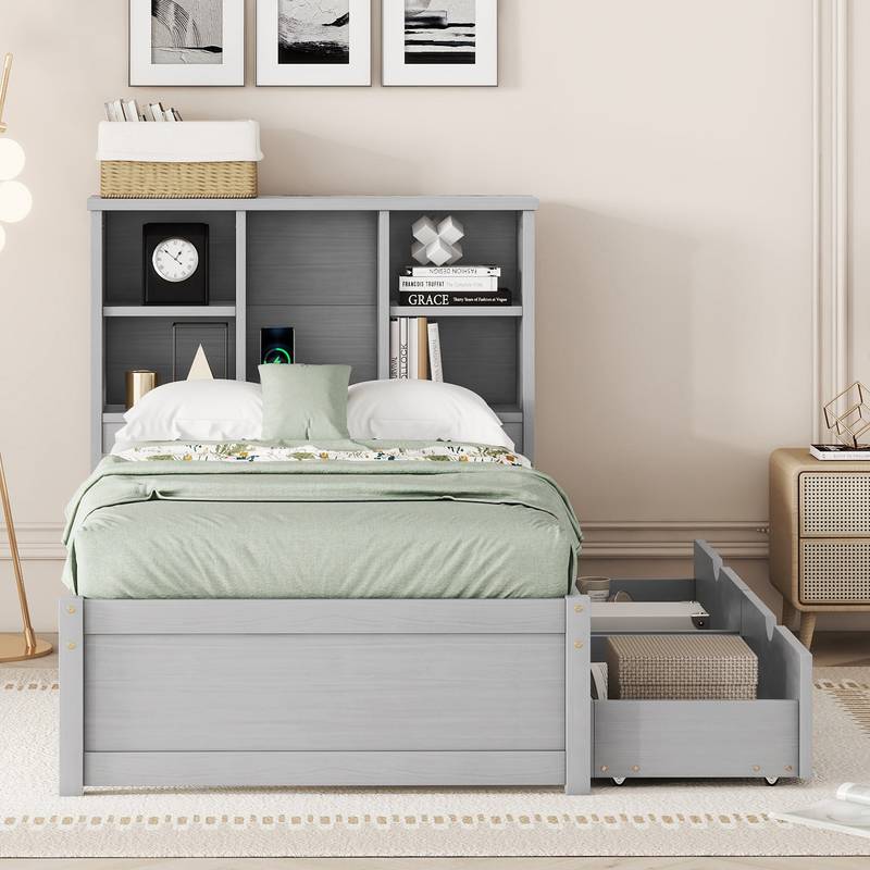 Cozy Grey Twin Bed with USB Charging & Storage Headboard