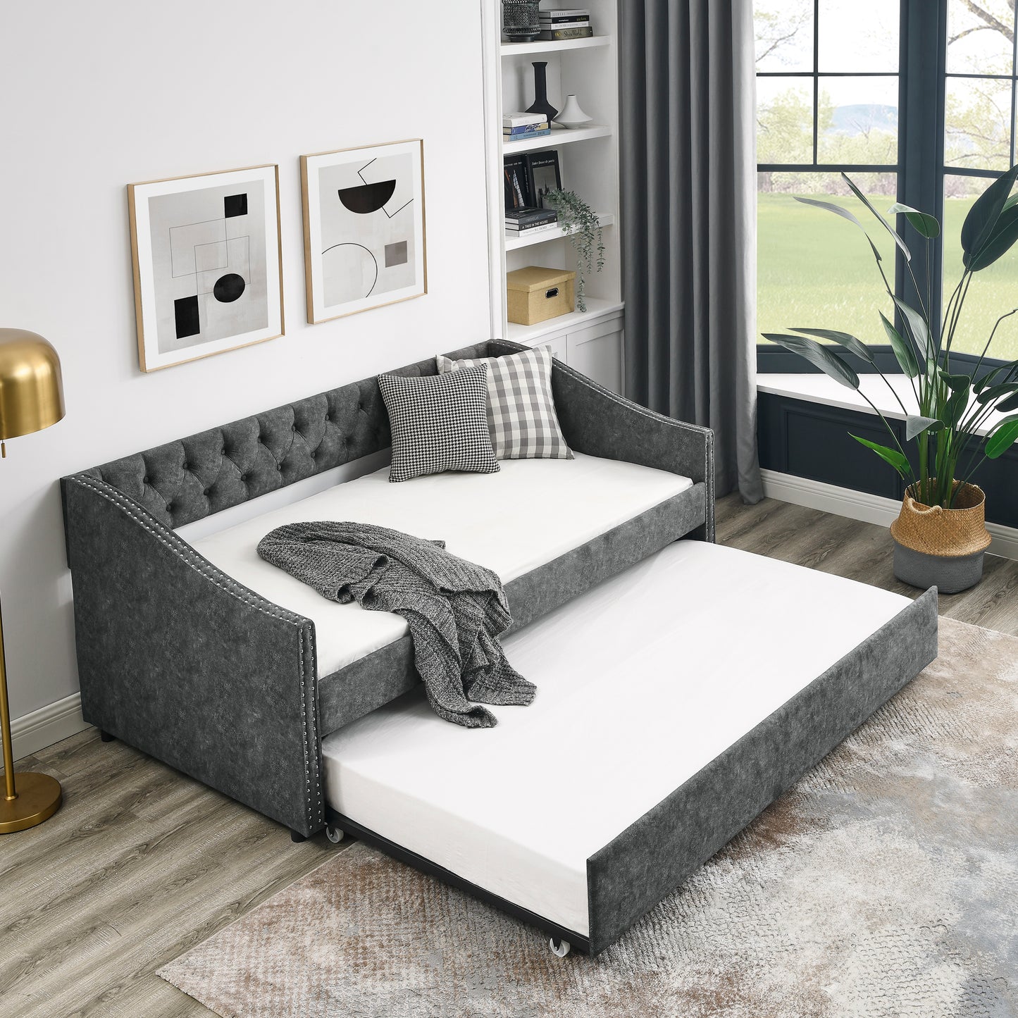 Chic Grey Daybed with Trundle & Stylish Tufted Design