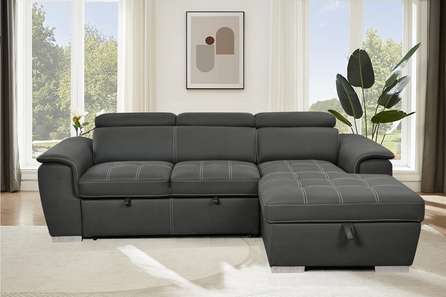 Cozy Convertible Gray Sectional with Storage & Pull-Out Bed