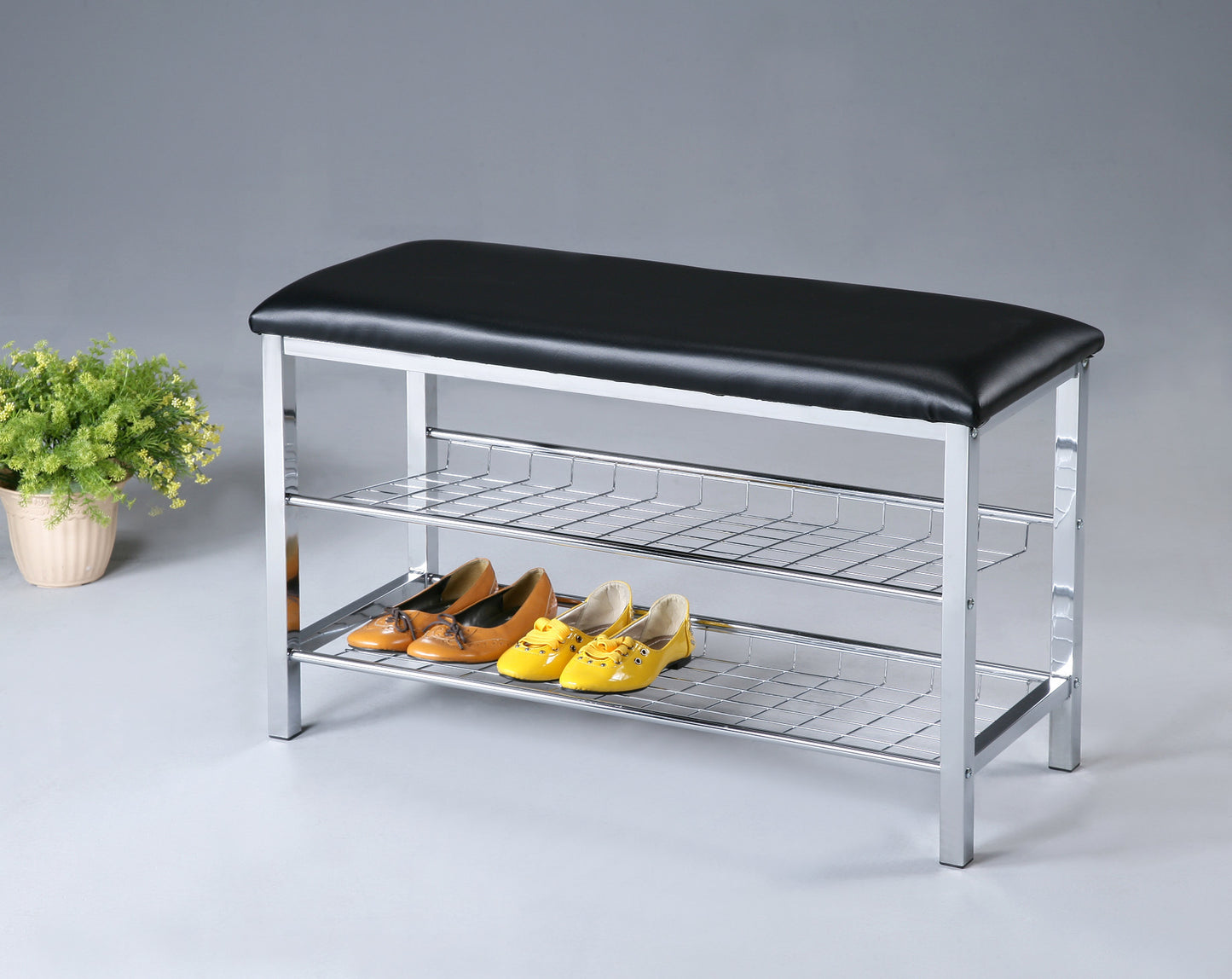 Chic Metal Shoe Bench with Luxe Black Seat