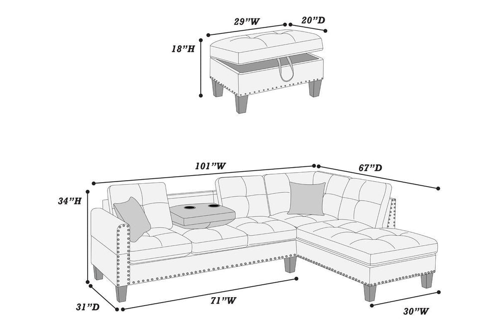 Charcoal Comfort Sectional Sofa Set with Storage Ottoman