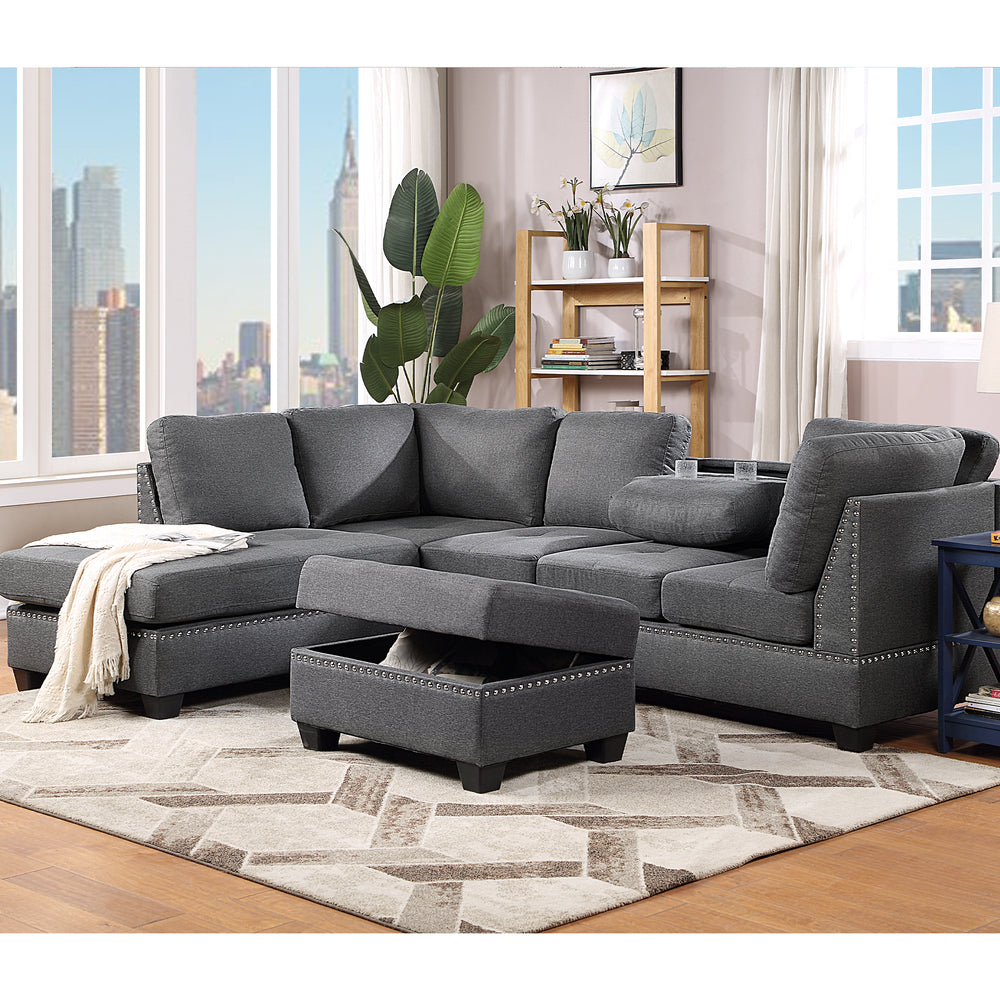 Cozy Gray Reversible Sectional Sofa with Storage Ottoman