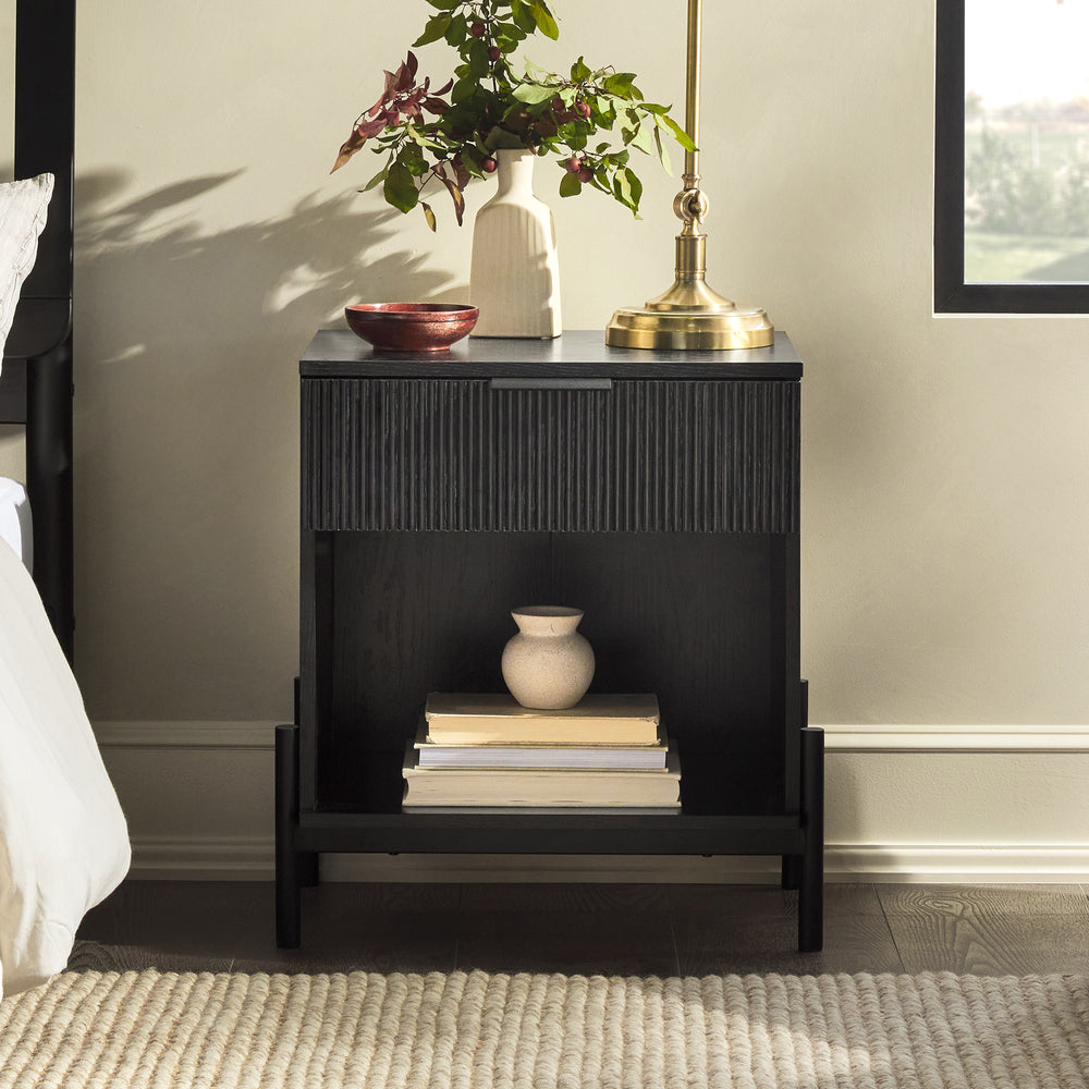 Chic Black Fluted Nightstand with Open Cubby