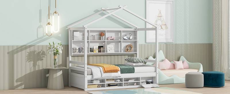 Cozy Twin House Bed with Roof & Storage