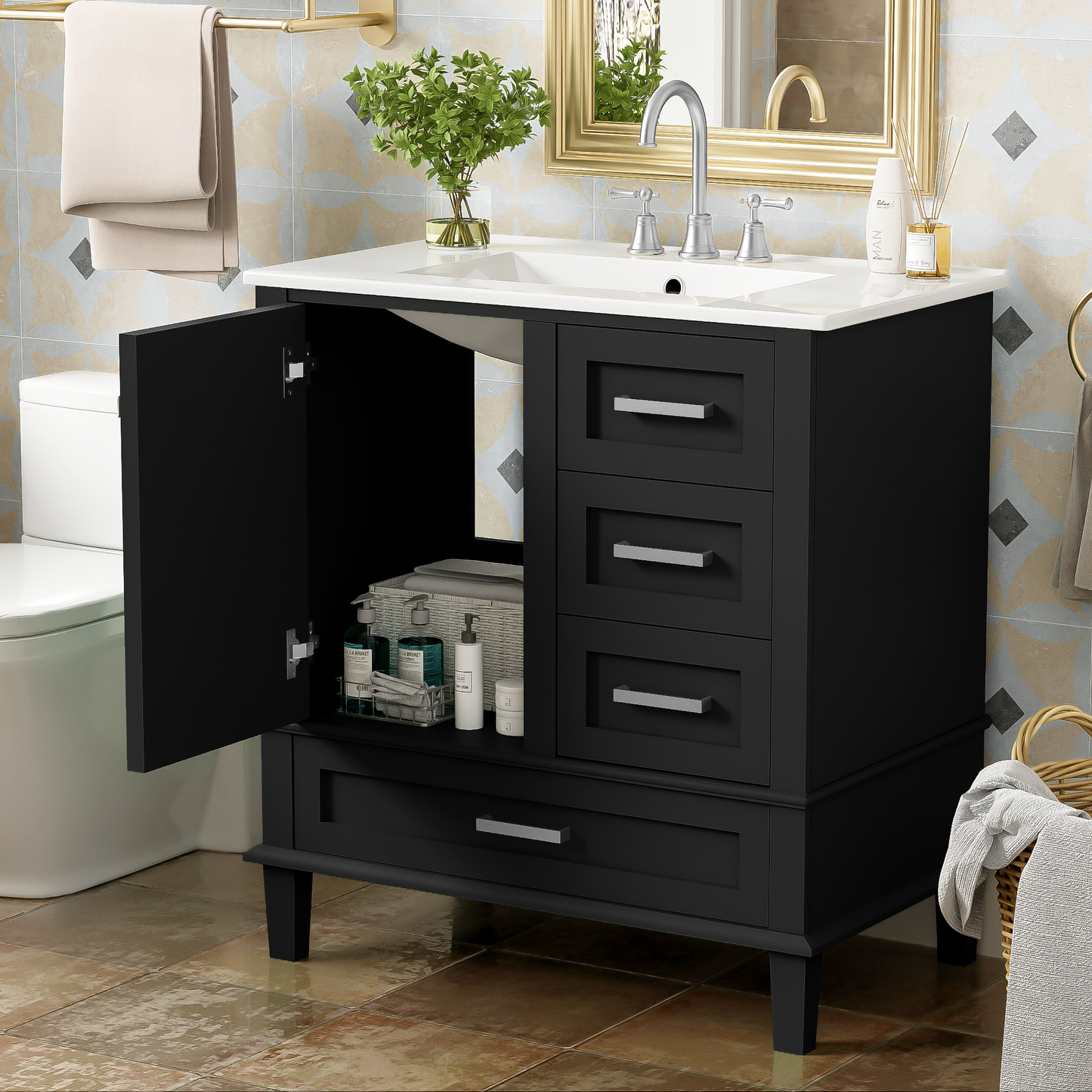 Sleek Black Bathroom Vanity with Sink and Soft-Close Storage