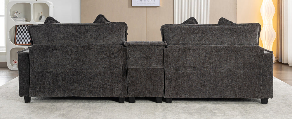 Cozy Black Chenille Sectional Sofa with Ottomans and USB Ports