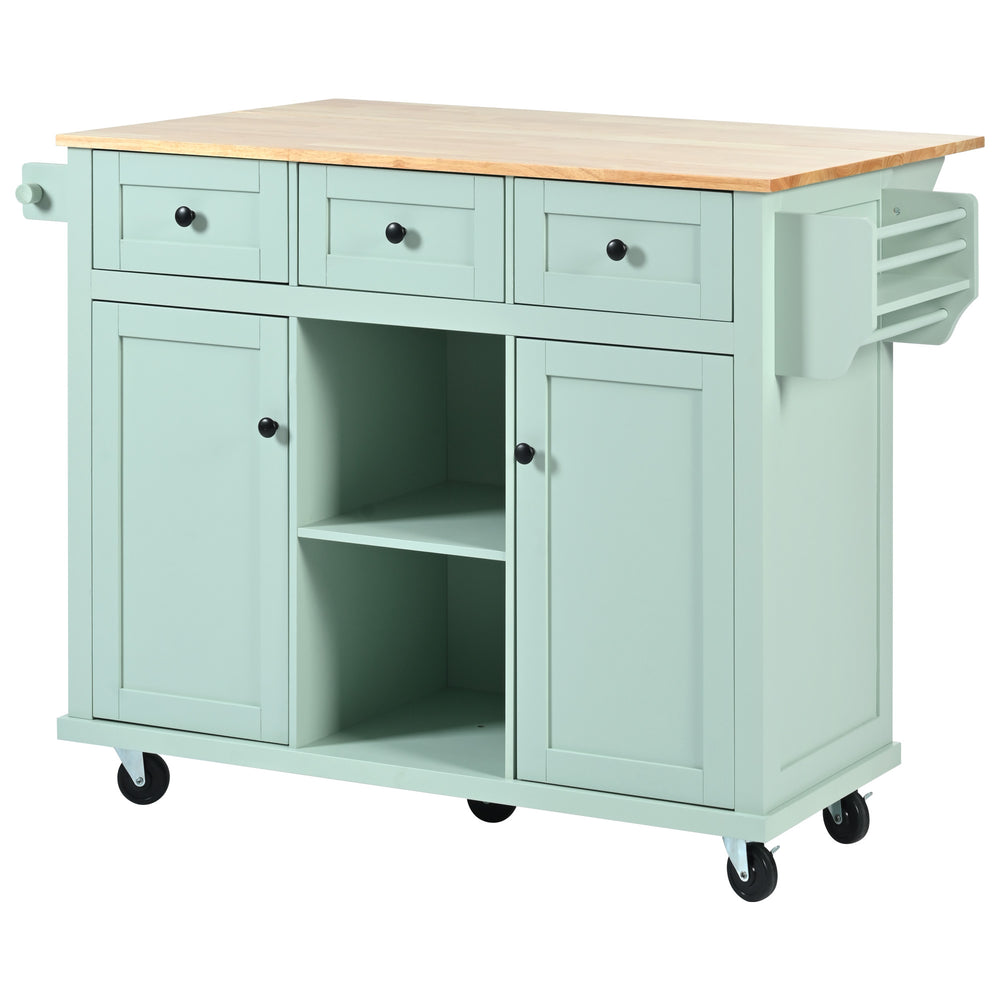 Mint Green Kitchen Island on Wheels with Drop-Leaf Countertop & Storage