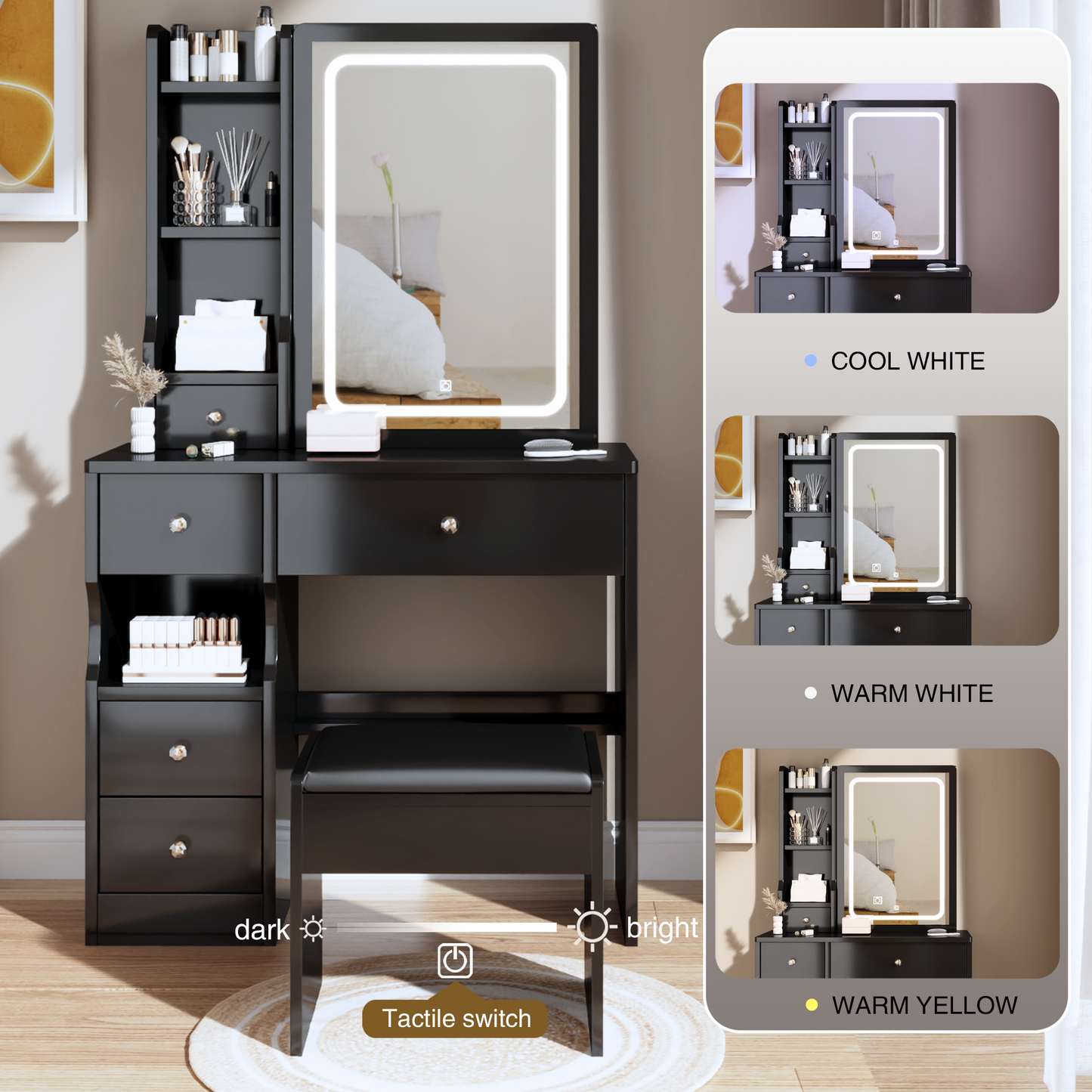 Chic Compact Vanity Set with LED Mirror & Cushion Stool