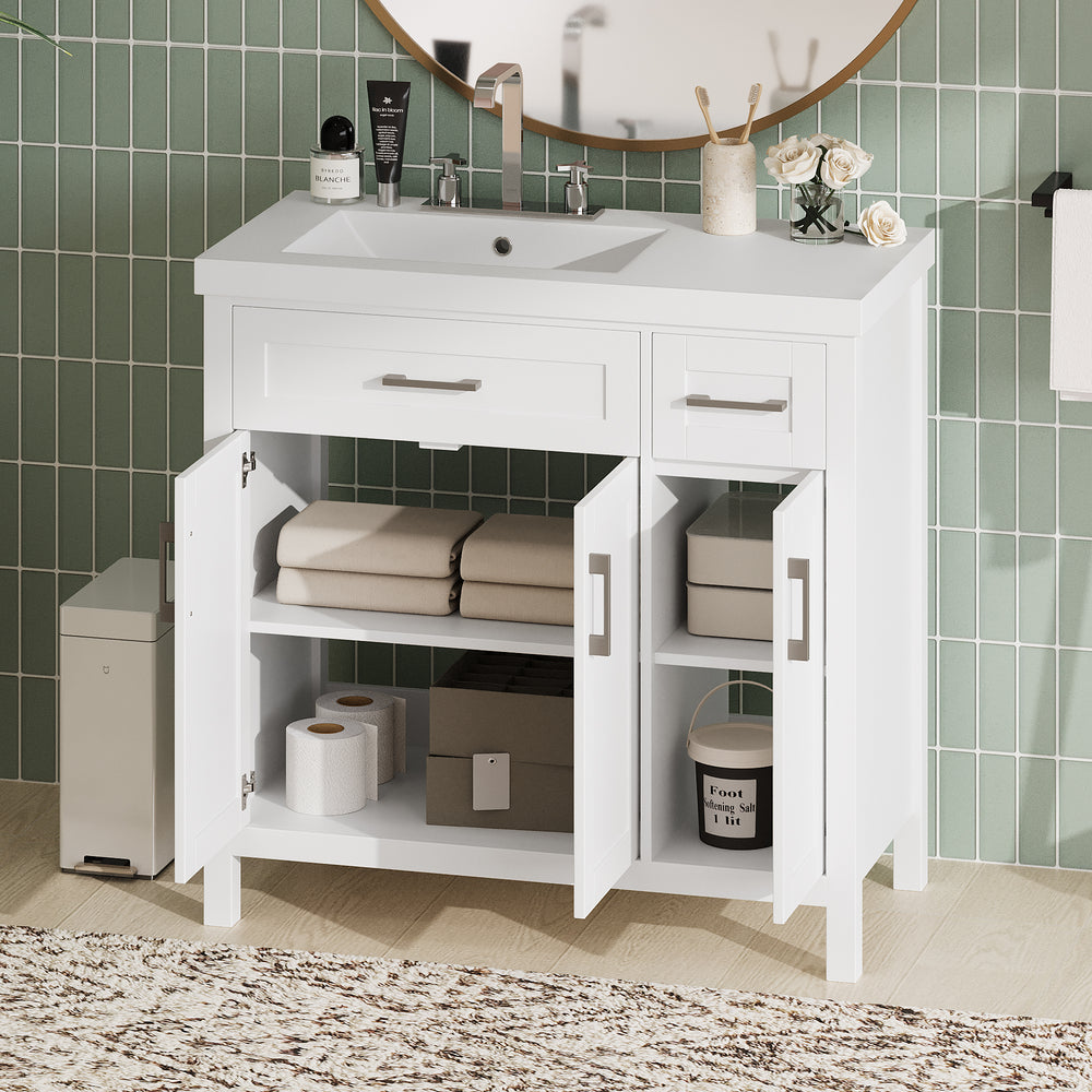 Elegant White Bathroom Vanity with Integrated Sink and Ample Storage