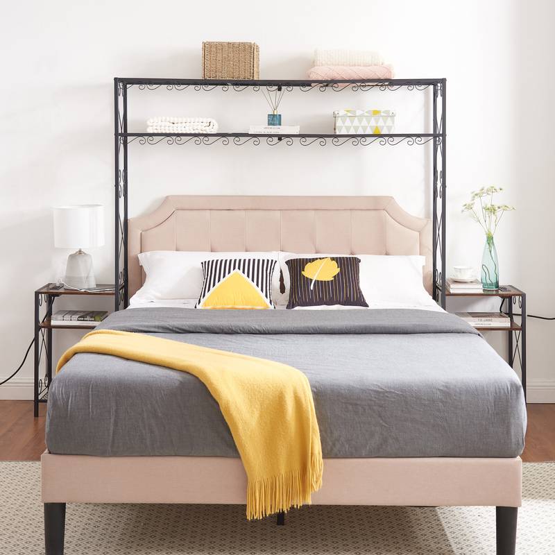 Rustic Queen Bed Set with Nightstands and Storage Shelves