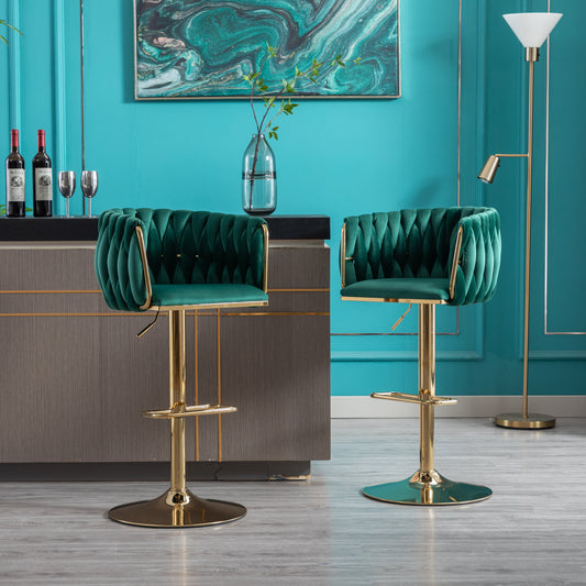 Chic Velvet Swivel Bar Stools with Gold Accents - Set of Two