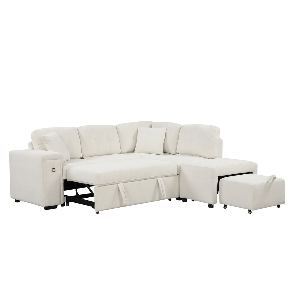 Haven L-Shaped Sofa Bed with Ottoman & USB Ports - Beige