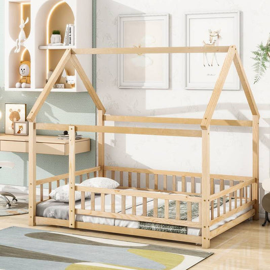 Cozy Cabin Wooden Bed with Roof and Guardrails