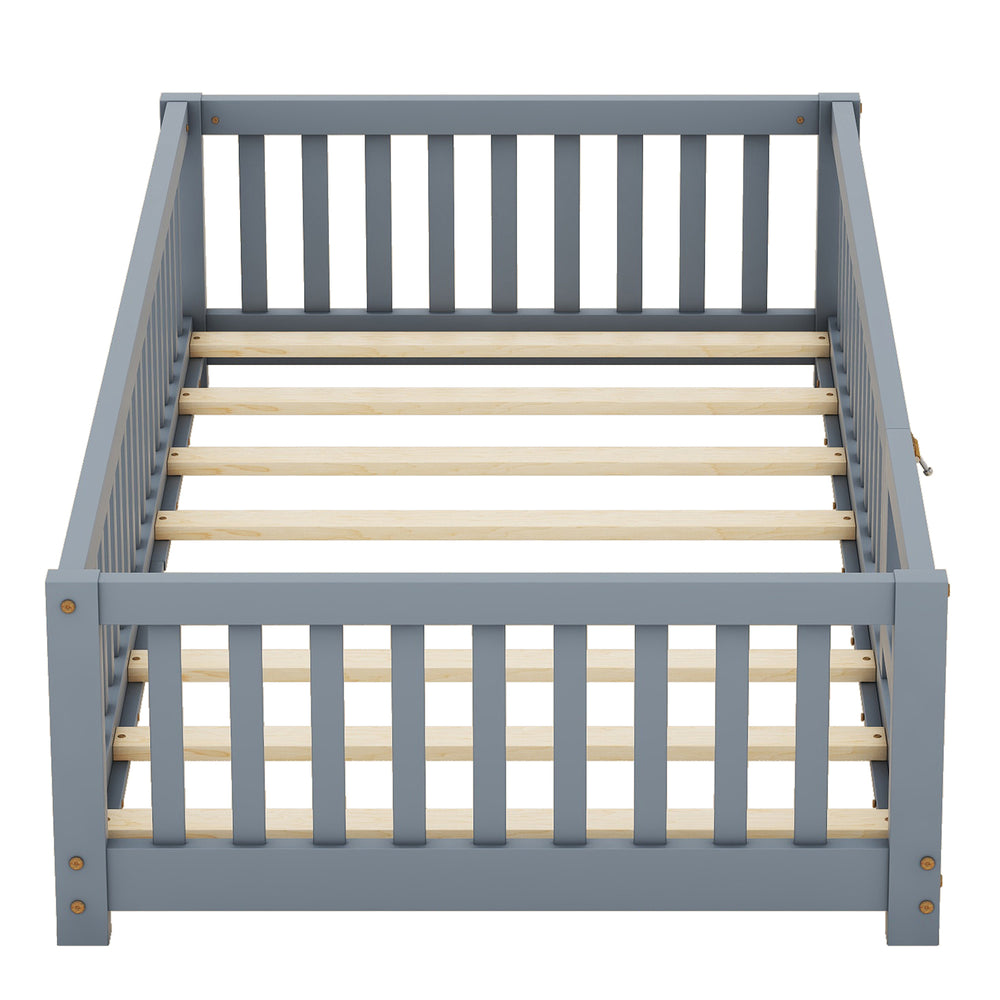 Cozy Kids' Twin Floor Bed with Safety Rails and Door - Gray