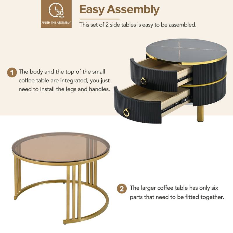 Chic Nesting Coffee Tables with Drawers - Sleek Round Design in Black and Brown Glass